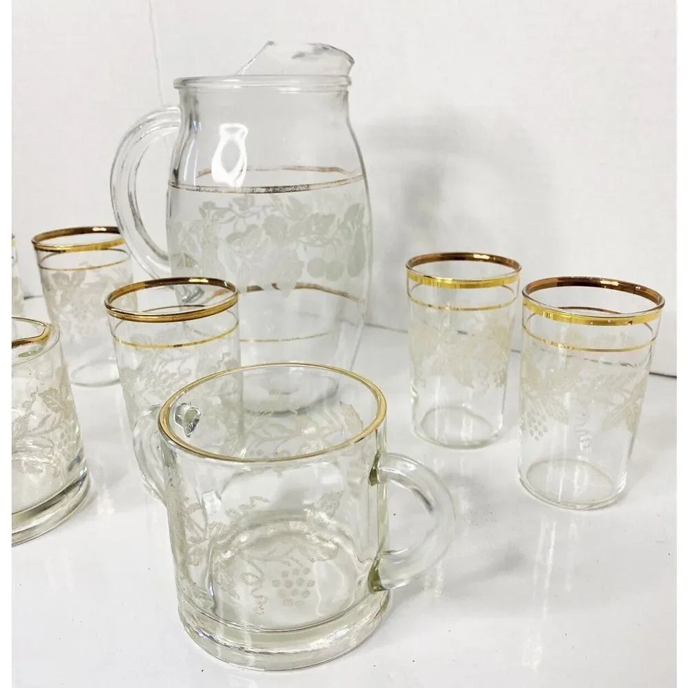 VINTAGE FRUIT EMBOSSED GOLD TRIM JUICE PITCHER AND GLASS SET